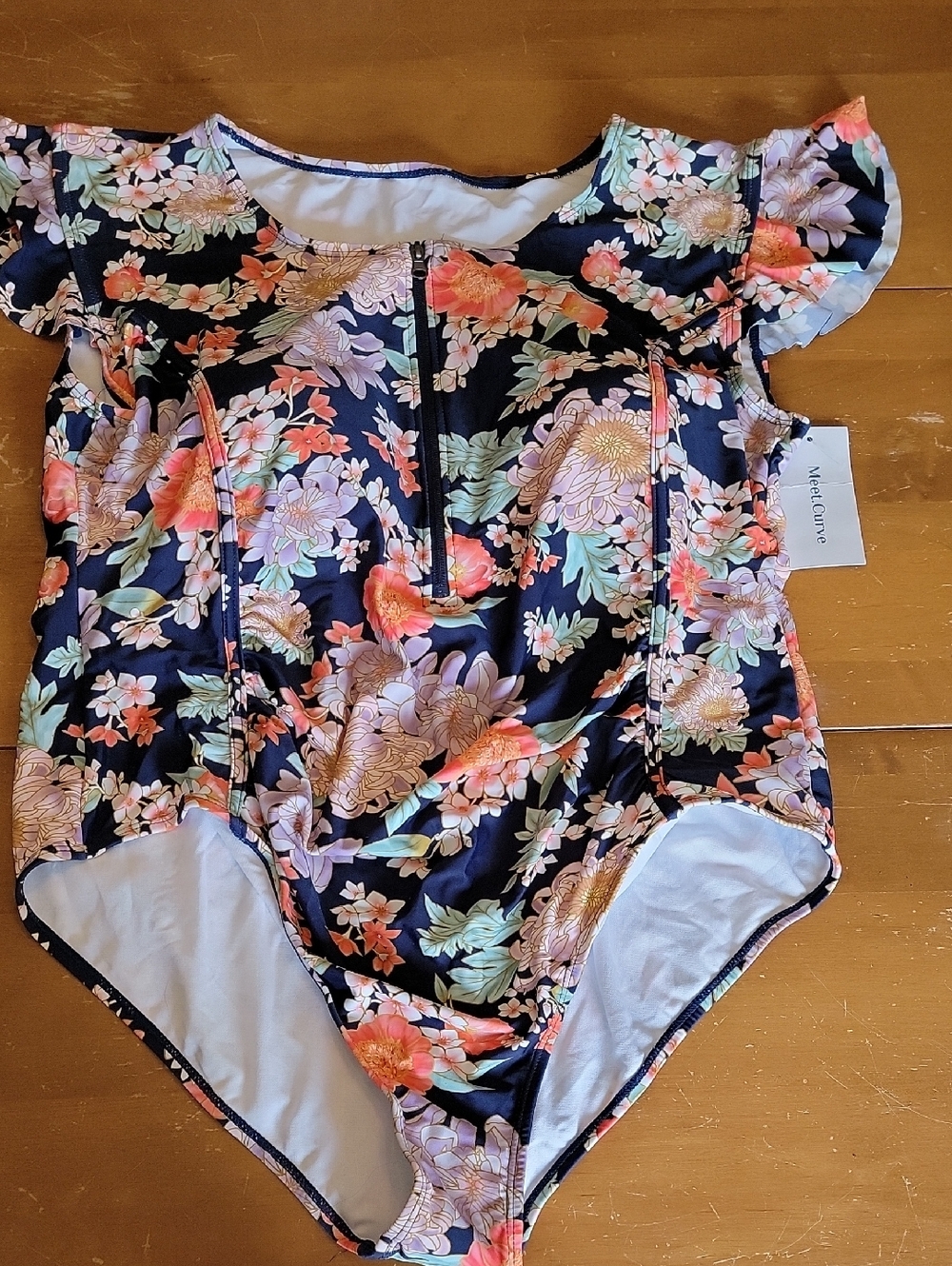 Floral One-Piece Zip Front Swimsuit - Navy with Floral Pattern Size 4X NWT